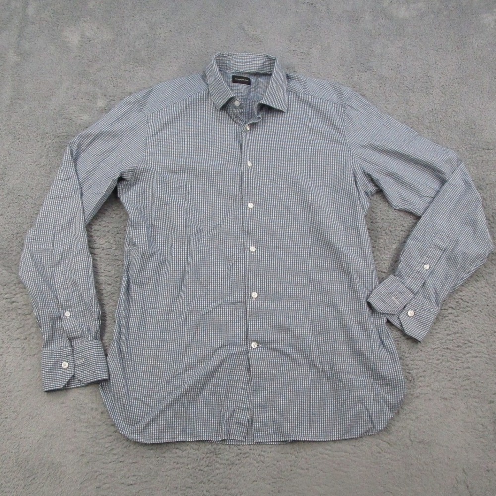 Ermenegildo Zegna Mens Blue Check Cotton Button Down Shirt 42 16.5 L